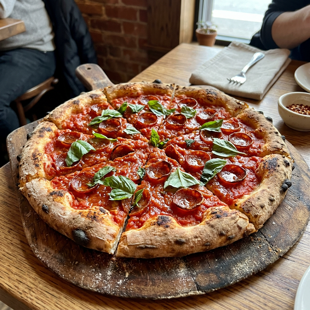 A pepperoni pizza with tomato sauce, basil, and crust but ab