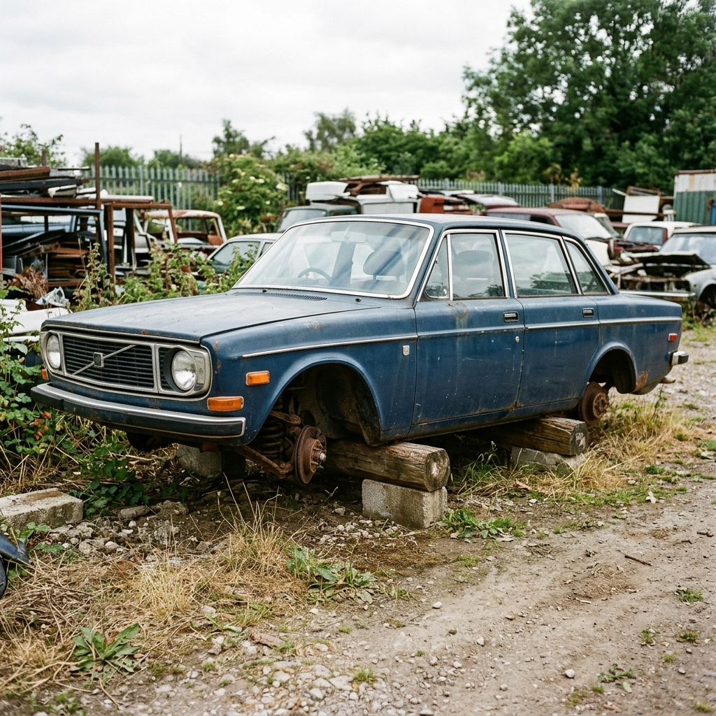 A car body with windows, doors, and headlights but no wheels