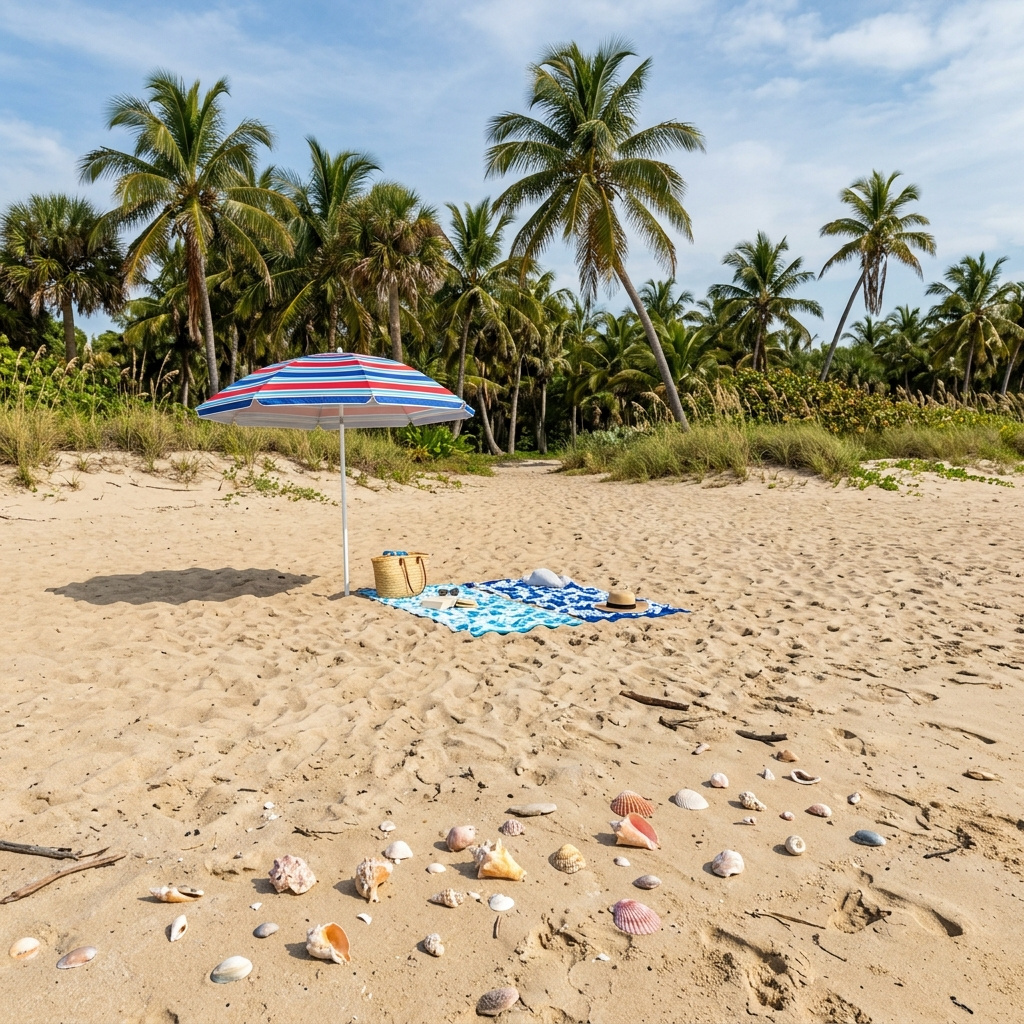 A sandy beach with palm trees, seashells, and a beach umbrel