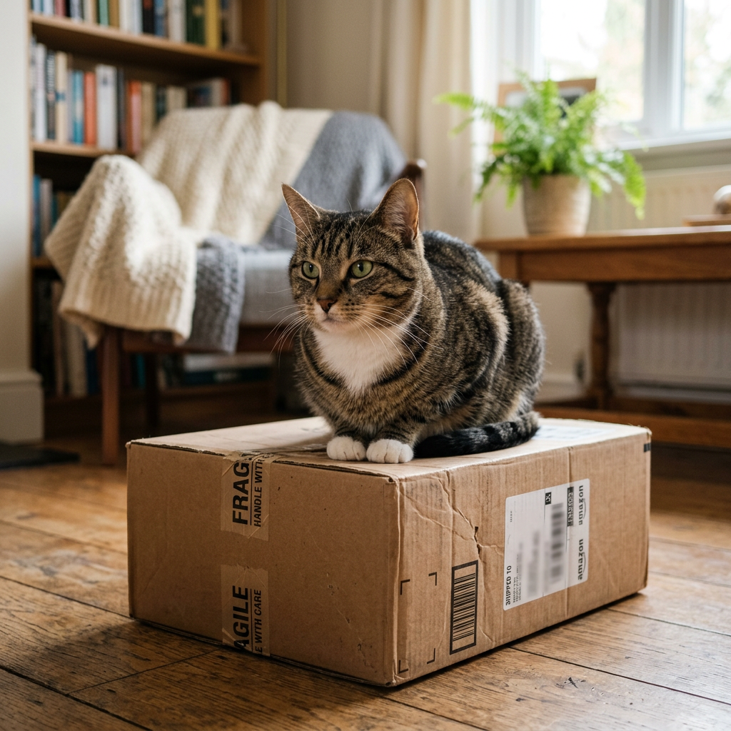 A cat sitting on top of a cardboard box