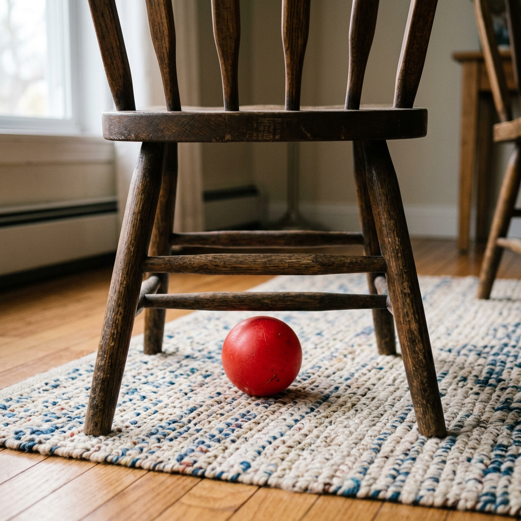A red ball underneath a wooden chair