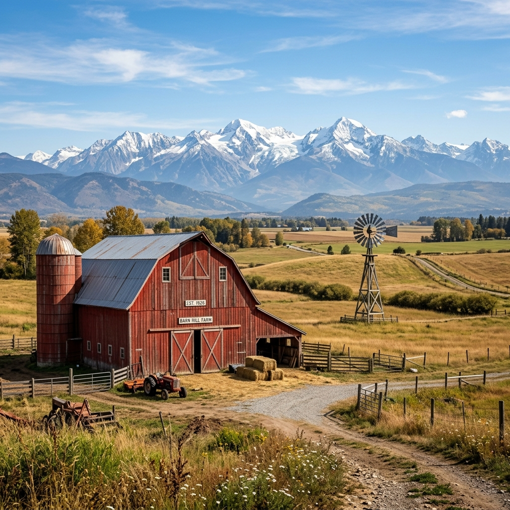 A landscape with a red barn in the foreground at large scale