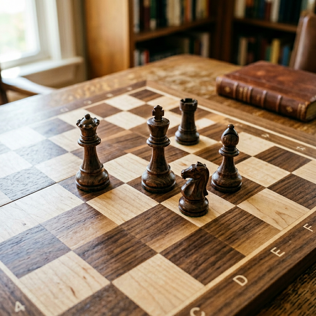 Five chess pieces on a board: a king in the center, a queen 