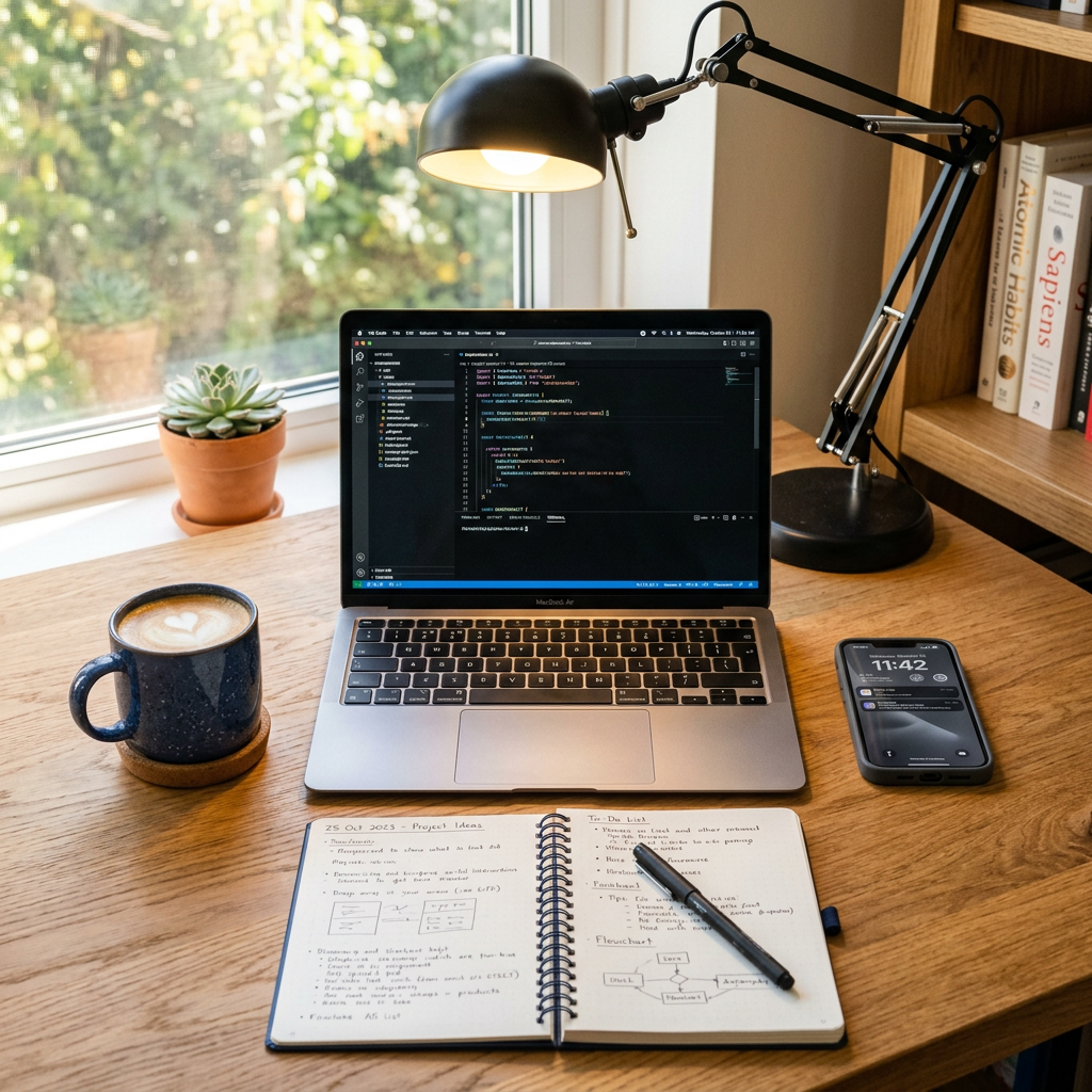 A desk scene: laptop in the center, coffee mug to the left, 