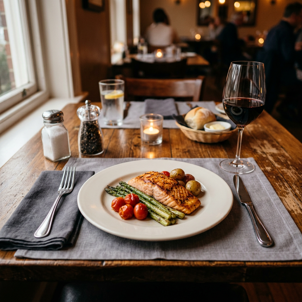 A dinner table scene with a plate, fork, knife, wine glass, 