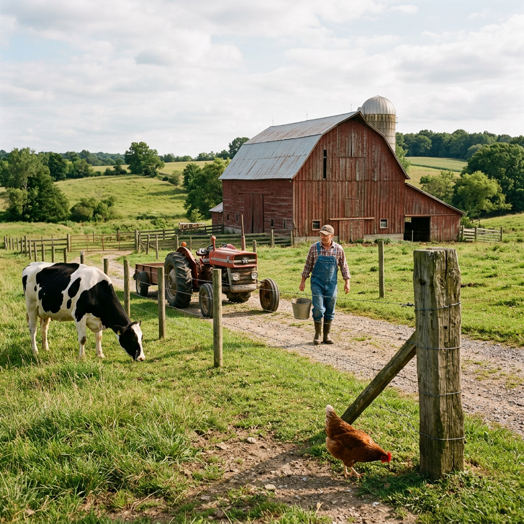 A farm scene with a barn, tractor, farmer, cow, chicken, and