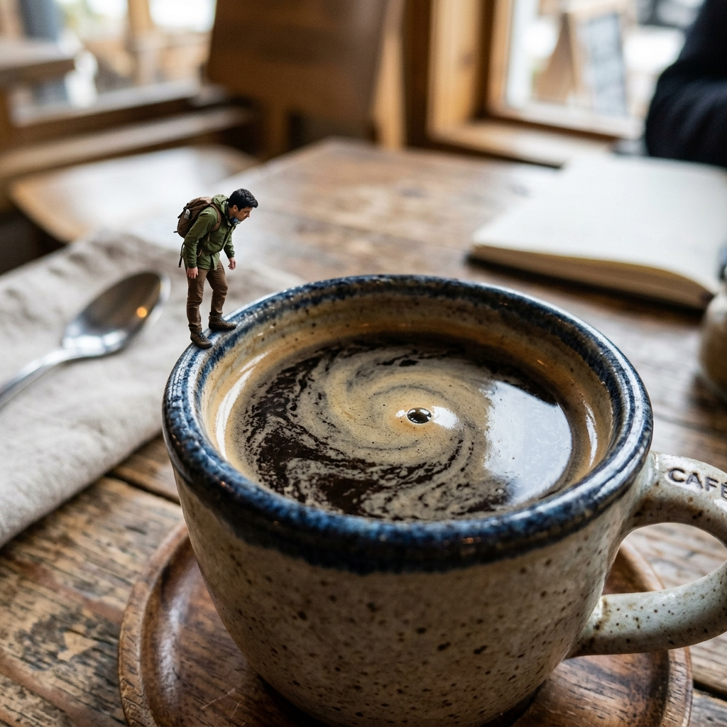 A tiny person standing on the rim of a coffee cup, looking d