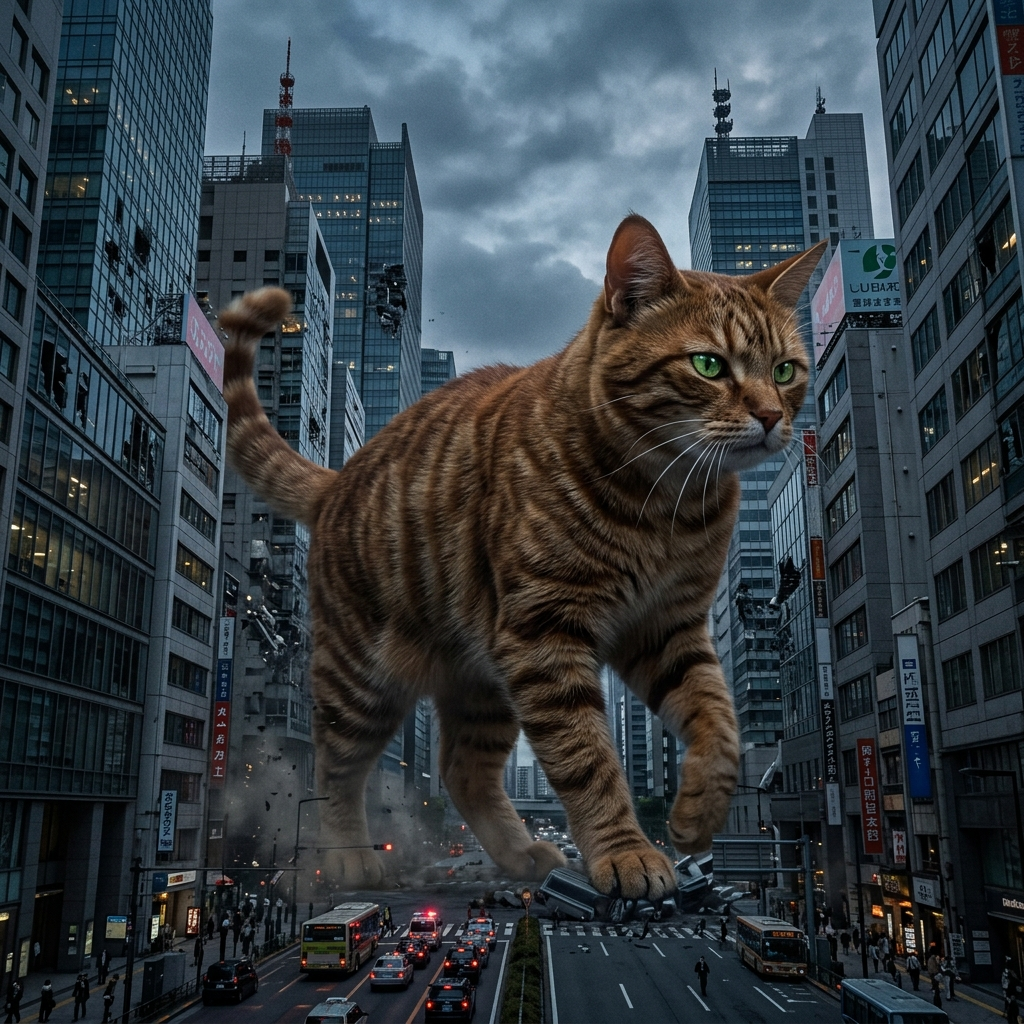 A giant tabby cat walking between city skyscrapers like a ka