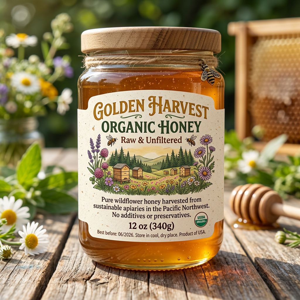 A product label for 'GOLDEN HARVEST ORGANIC HONEY' with subt