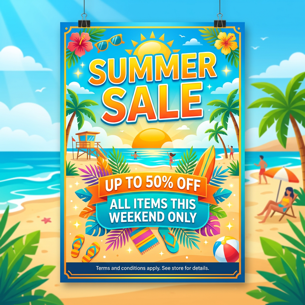 A poster with headline 'SUMMER SALE' in large bold text, bod