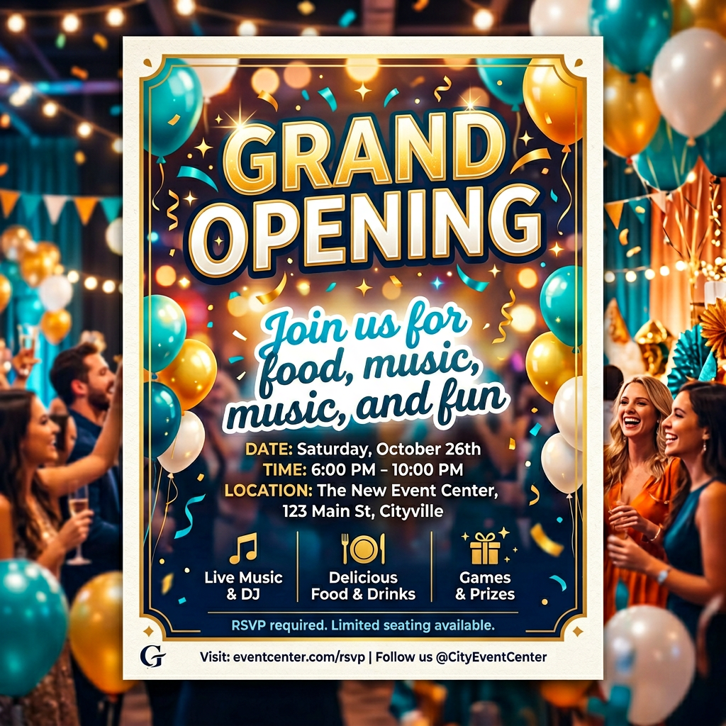A flyer with large title 'GRAND OPENING', subtitle 'Join us 