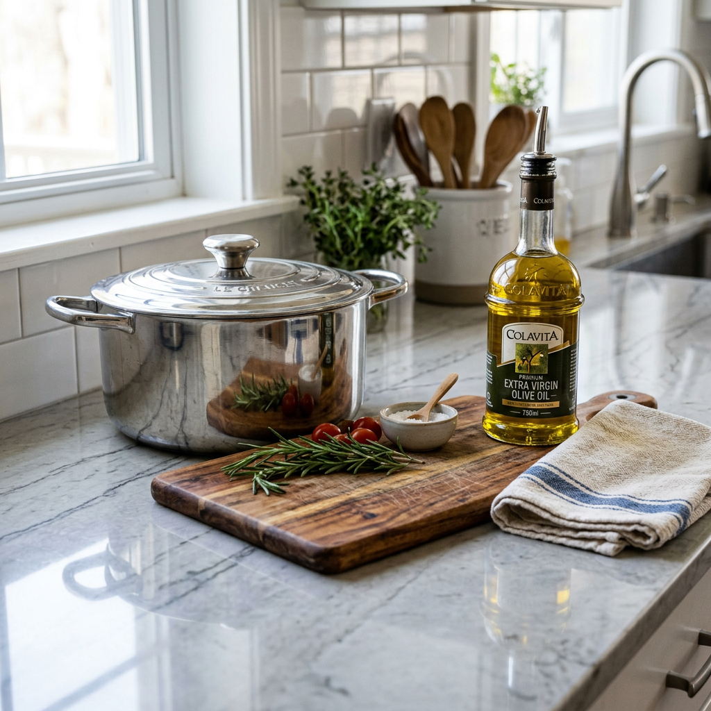 A kitchen counter with a stainless steel pot, a wooden cutti