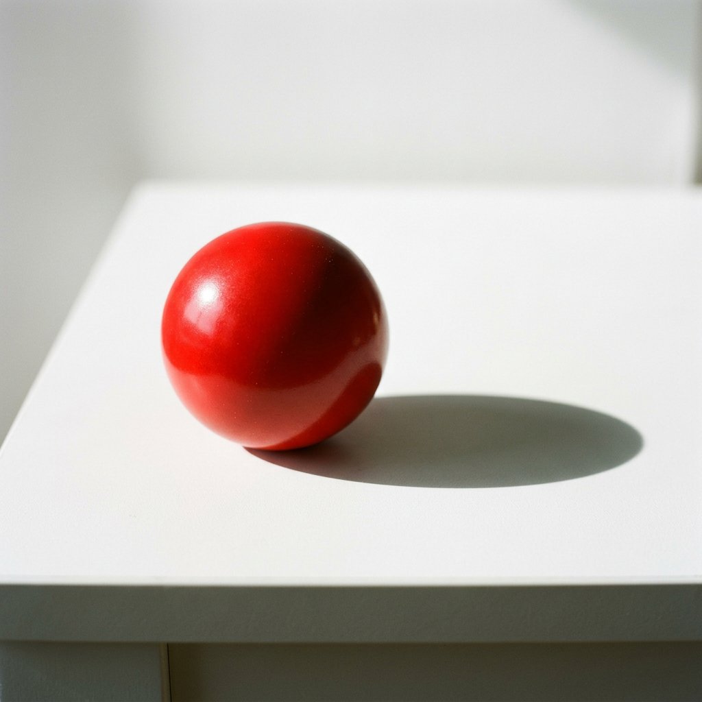 A red sphere on a white surface with a single shadow cast to