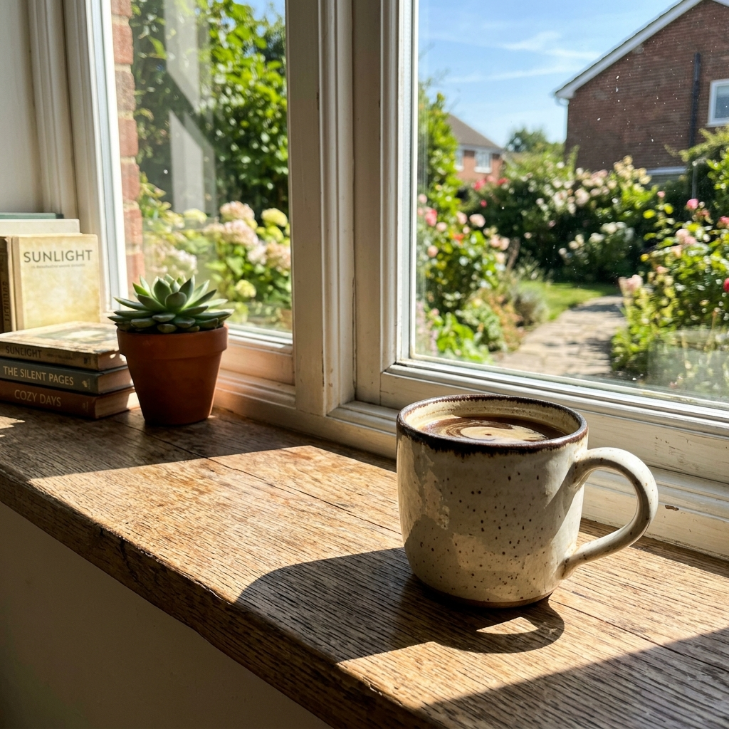 A coffee mug on a sunny windowsill casting a sharp shadow to