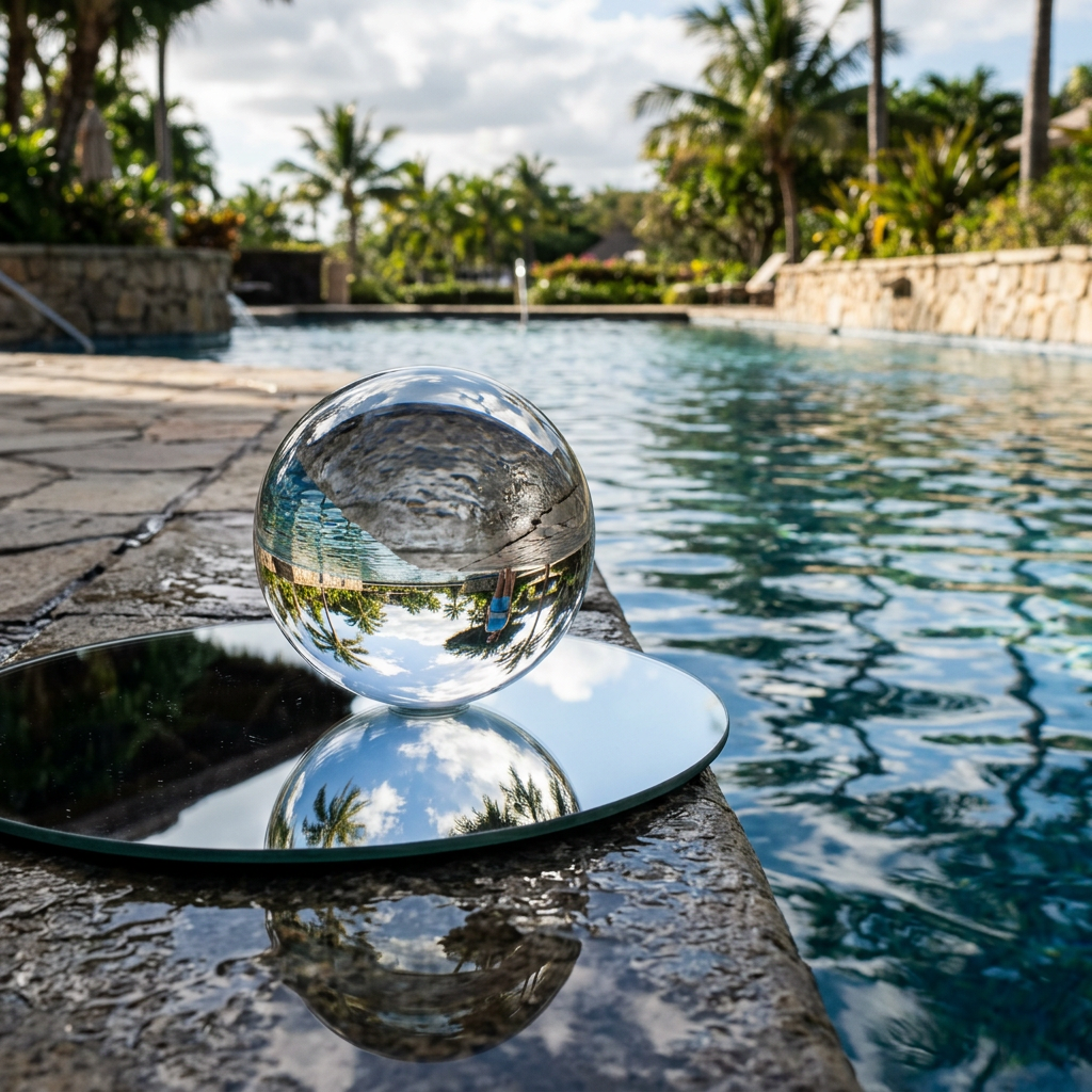 A clear glass sphere sitting on a mirror surface near a pool