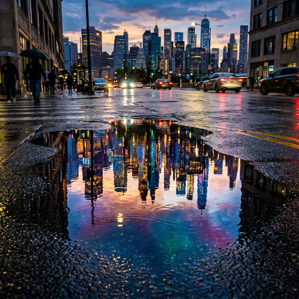 A city skyline reflected in a rain puddle on a street, with 