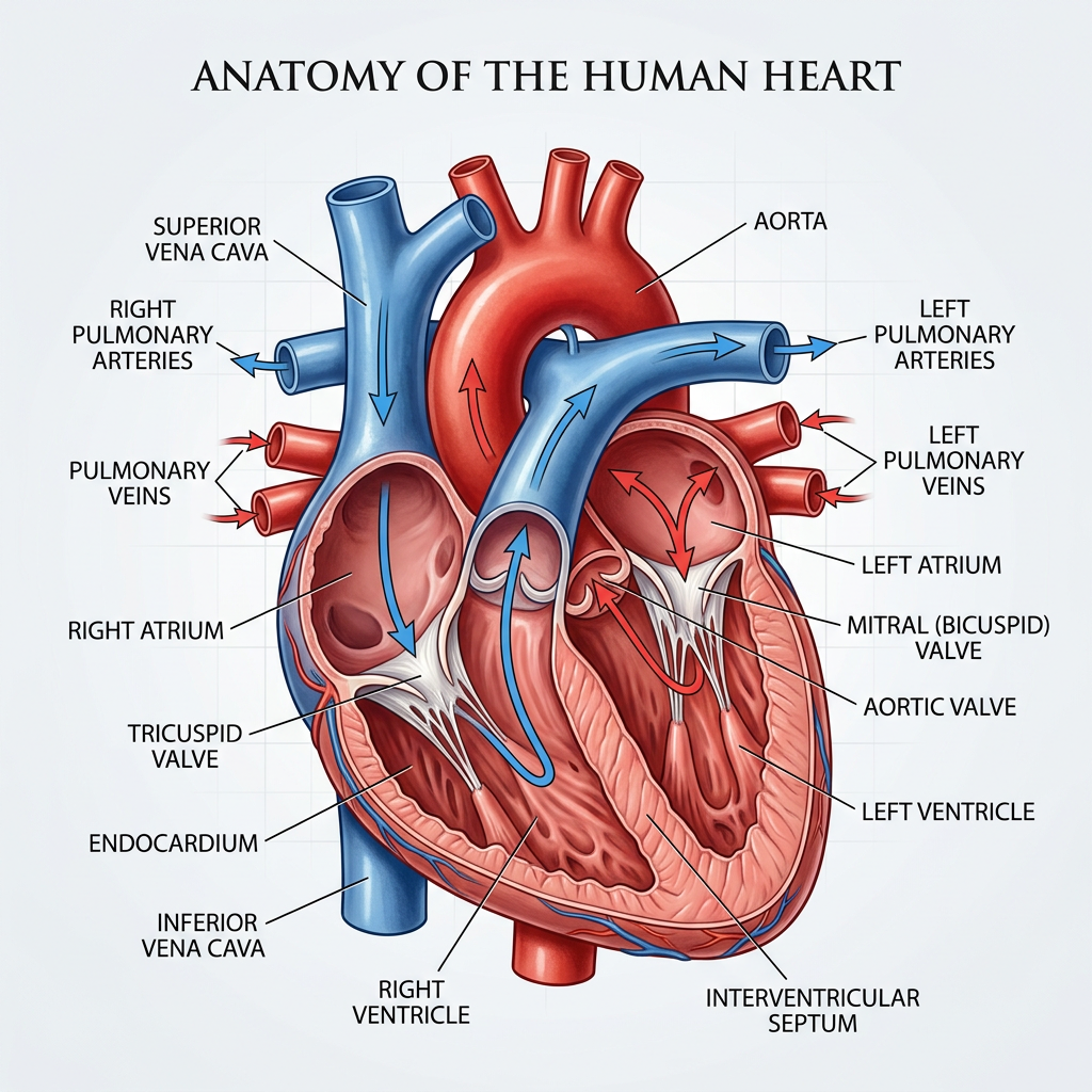 An anatomical illustration of the human heart showing four c